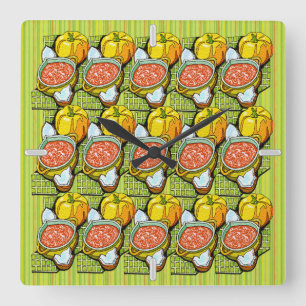 Horloge Carrée Citrouilles, soupe et Arrière - plan rayé
