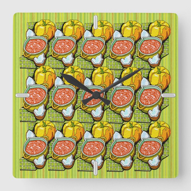 Horloge Carrée Citrouilles, soupe et Arrière - plan rayé (Recto)