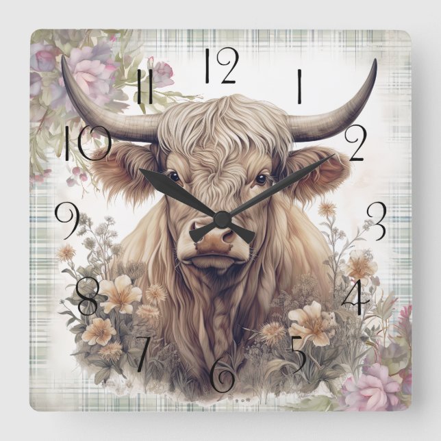 Horloge Carrée Clan d'aquarelle de la vache Highland (Recto)