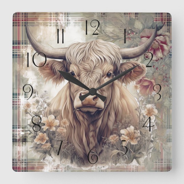 Horloge Carrée Clan d'aquarelle de la vache Highland (Recto)