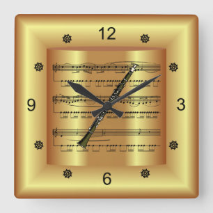 Horloge Carrée Clarinet ~ Partition courbe ~ Arrière - plan or ~
