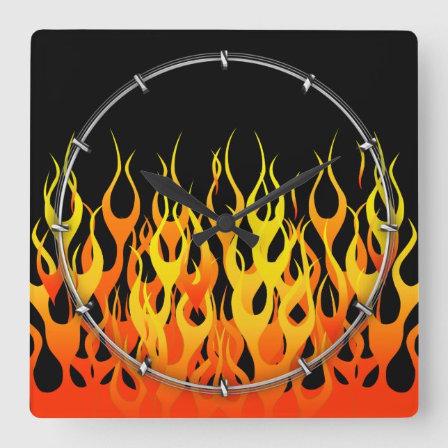 Horloge Carrée Classic Racing Flames on Solid Black (Recto)