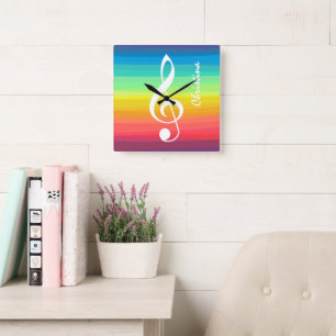 Horloge Carrée Clef triple personnalisée d'aquarelle
