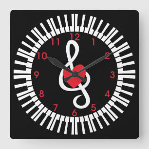 Horloge Carrée Clés de piano élégantes notes de coeur et de musiq