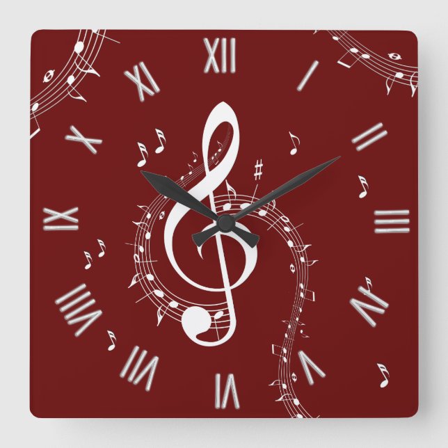 Horloge Carrée Climactic G Clef Music Chiffres rouges romains (Recto)
