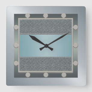 Horloge Carrée Clock Aqua Blue and Silver Wall
