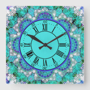 Horloge Carrée Clock bleu mandala