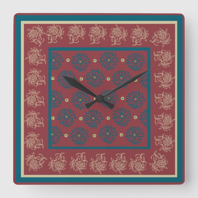 Horloge Carrée Clock, Maroon, Floral bleu (Recto)
