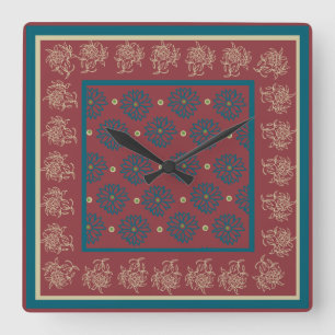 Horloge Carrée Clock, Maroon, Floral bleu