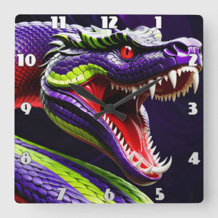 Horloge Carrée Cobra serpent avec écailles vertes et violettes vi
