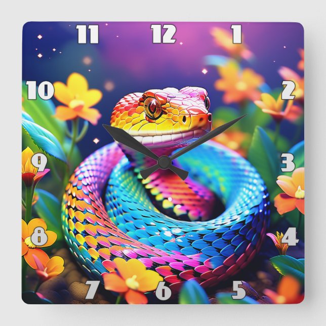 Horloge Carrée Cobra serpent avec rose et jaune turquoise éclatan (Recto)