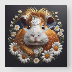 Horloge Carrée Cochon de Guinée brodé avec marguerites
