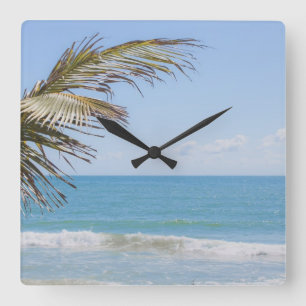 Horloge Carrée Cocotier et photographie bleue de plage de mer