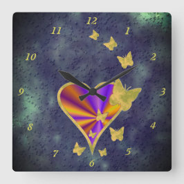 Horloge Carrée Coeur arc-en-ciel et papillon