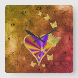 Horloge Carrée Coeur arc-en-ciel et papillon