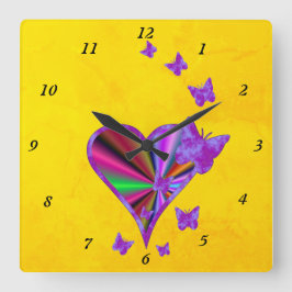 Horloge Carrée Coeur arc-en-ciel et papillon