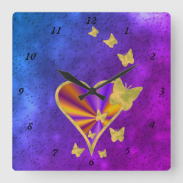 Horloge Carrée Coeur arc-en-ciel et papillon