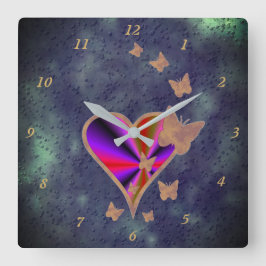 Horloge Carrée Coeur arc-en-ciel et papillon