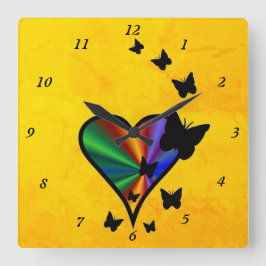 Horloge Carrée Coeur arc-en-ciel et papillon