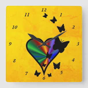 Horloge Carrée Coeur arc-en-ciel et papillon