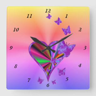 Horloge Carrée Coeur arc-en-ciel et papillon