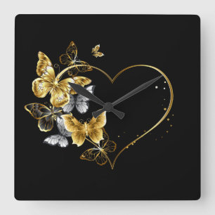 Horloge Carrée Coeur aux papillons d'or