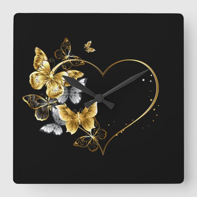 Horloge Carrée Coeur aux papillons d'or (Recto)