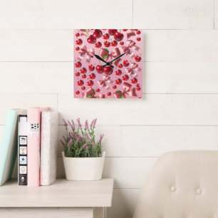 Horloge Carrée Cœur Coquet Motif Nœud Cerise