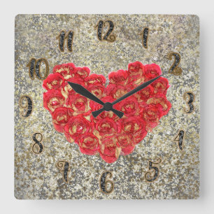 Horloge Carrée Cœur rouge et or Glam Rustique Amour Saint-Valenti