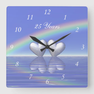 Horloge Carrée Cœurs d'argent pour le 25e anniversaire
