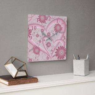 Horloge Carrée Cœurs et fleurs abstraits roses Amour Art fractal