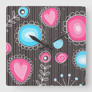 Horloge Carrée Coeurs et fleurs rose et bleu Whimsical