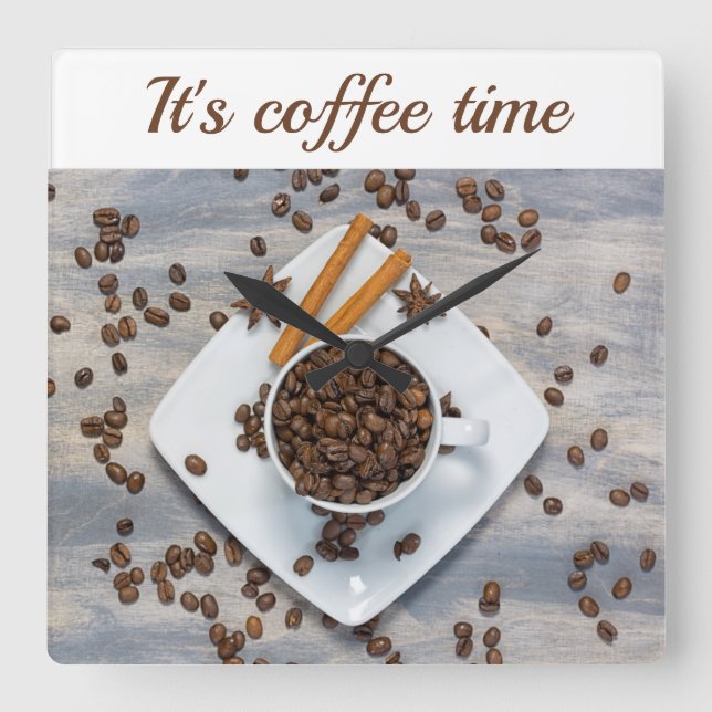 Horloge Carrée Coffee time with beans and cup customizable text (Recto)