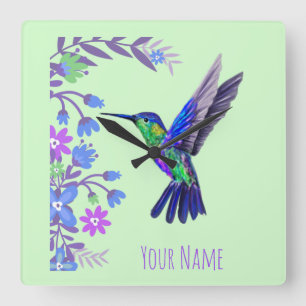 Horloge Carrée Colibri Design Fleurs Botaniques Amateurs d'oiseau