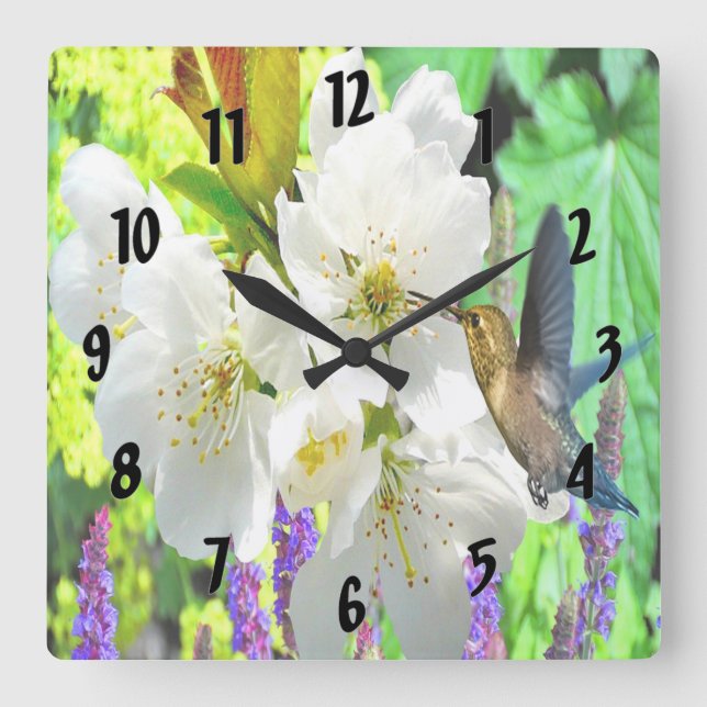 Horloge Carrée Colibri en fleurs de pêche (Recto)