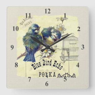Horloge Carrée Collage bleu vintage de cage à oiseaux d'oiseau