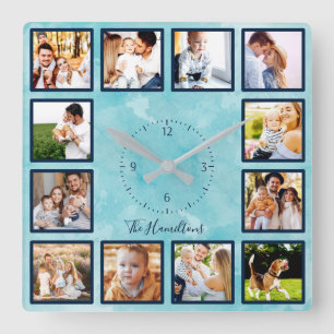 Horloge Carrée Collage de 12 photos de famille aquarelle bleue