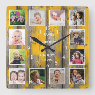 Horloge Carrée Collage de 12 photos personnalisées Bois désossé