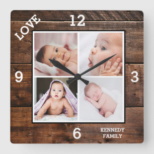 Horloge Carrée Collage de 4 photos personnalisé Famille Nom Amour