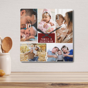Horloge Carrée Collage de 5 photos modernes Famille est tout Cita