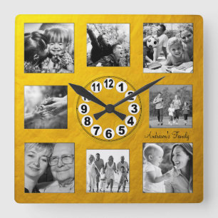Horloge Carrée Collage de 8 photos personnalisé Golden Retro Fami