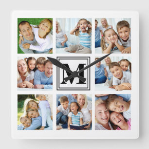 Horloge Carrée Collage de famille en grille de 8 photos Noir Blan
