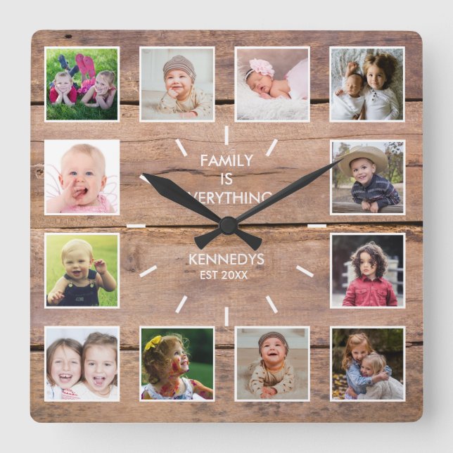 Horloge Carrée Collage de photos 12 personnalisées Bois Brown rus (Recto)