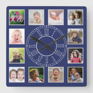 Horloge Carrée Collage de photos de famille 12 Personnalisé Num