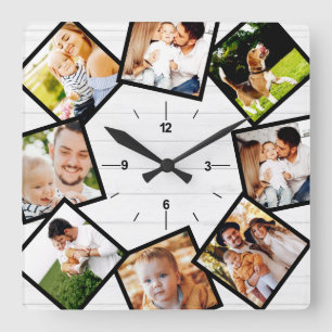 Horloge Carrée Collage de photos de famille Rustique Ferme Maison