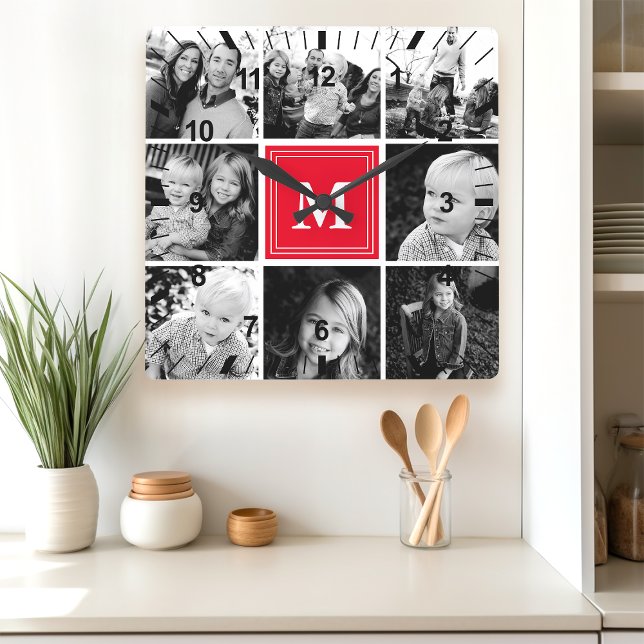 Horloge Carrée Collage de photos de la famille Monogramme rouge (Créateur téléchargé)