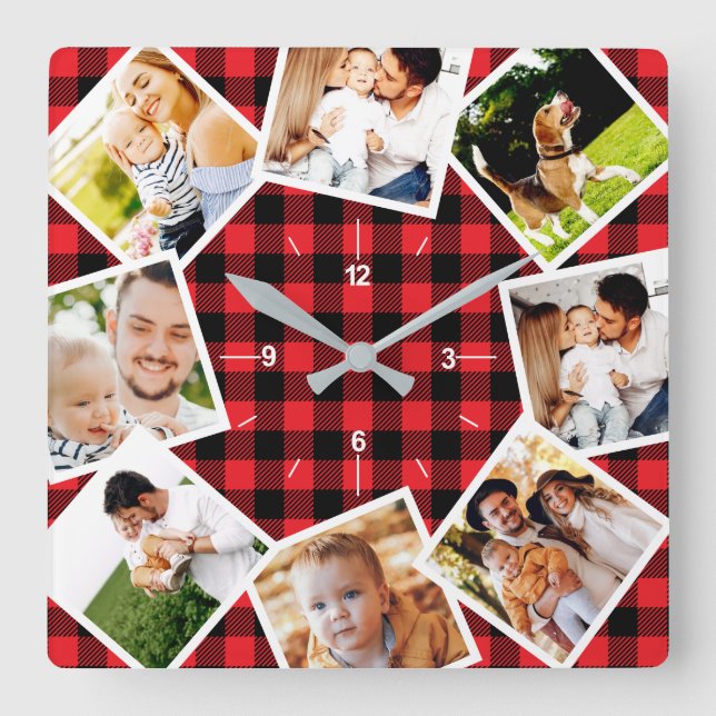 Horloge Carrée Collage de photos familiales Rustic Farmhouse Buff (Recto)