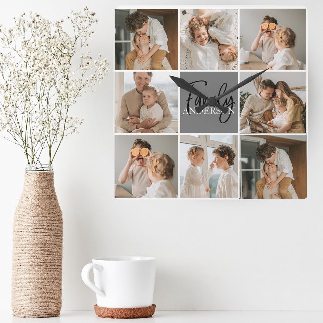 Horloge Carrée Collage familial photo et cadeau gris personnalisé (Créateur téléchargé)