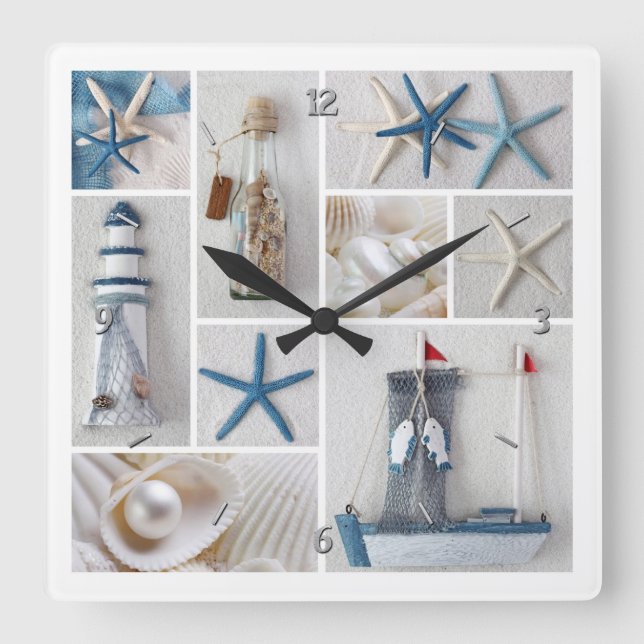 Horloge Carrée Collage nautique (Recto)