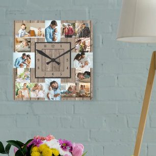 Horloge Carrée Collage photo 16 images bois rustique numérotées